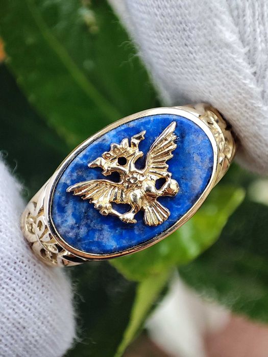 Inel aur Faberge 14k Lapis Lazuli ghiul aur barbatesc diplomat Frankli