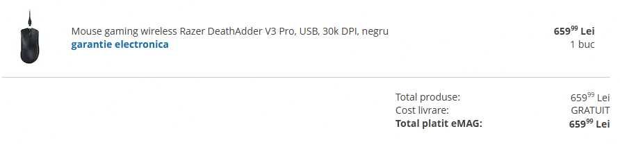 Mouse gaming wireless Razer DeathAdder V3 Pro, 30k DPI, Negru