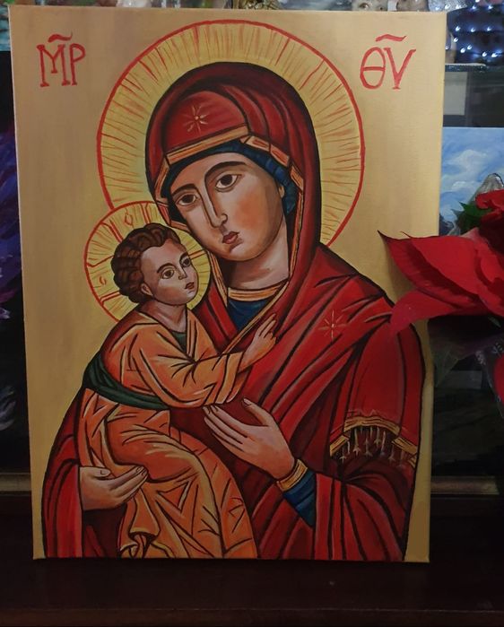 Icoana fecioara maria pictata in culori acrilice