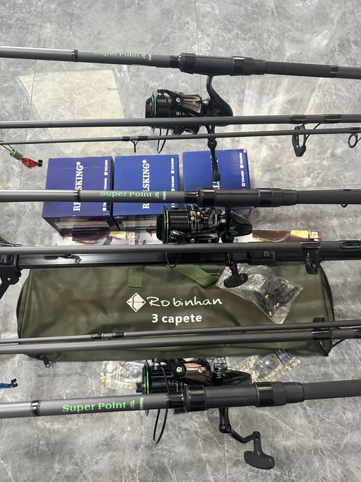 Set pescuit crap complet – 3 lansete Robinhan 3.90m + mulinete Reelsking TM10000 + Rod Pod Robinhan