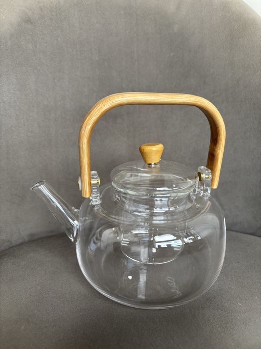 Ceainic elegant din sticla si bambus - nou - 1L
