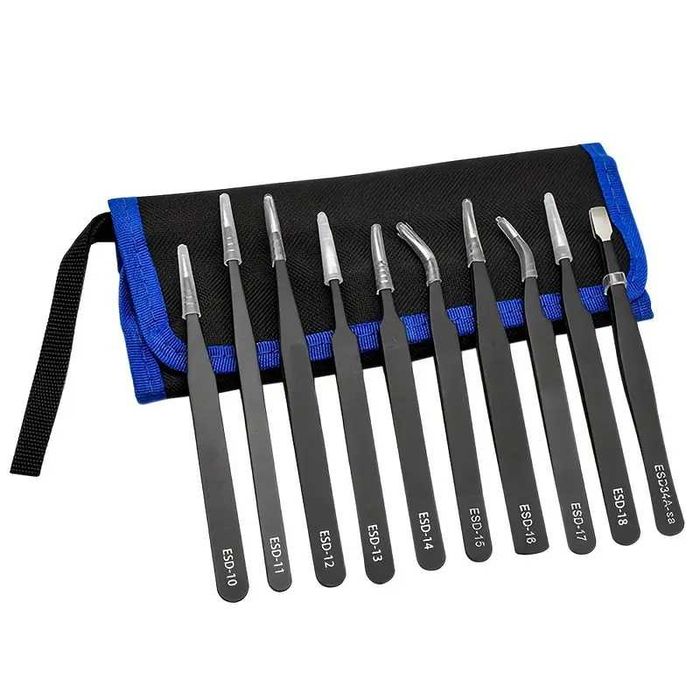 Антистатични пинсети в комплект с калъф - 10 броя (нови)