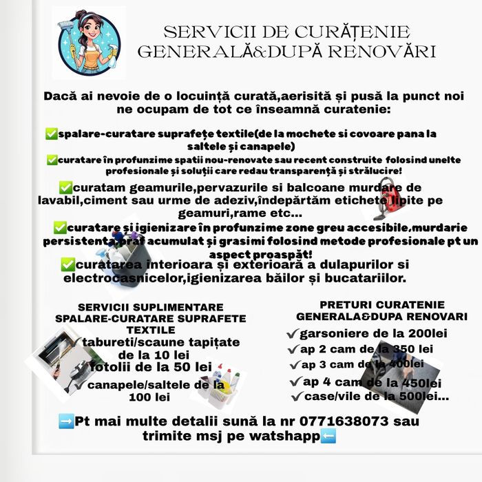 Servicii de curatenie și spalare-curatare suprafețe textile