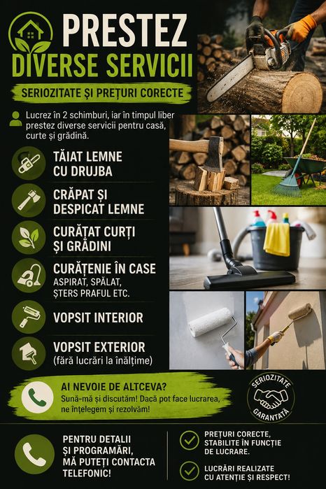 Servicii casă, curte și grădină – lemne, curățenie, vopsit