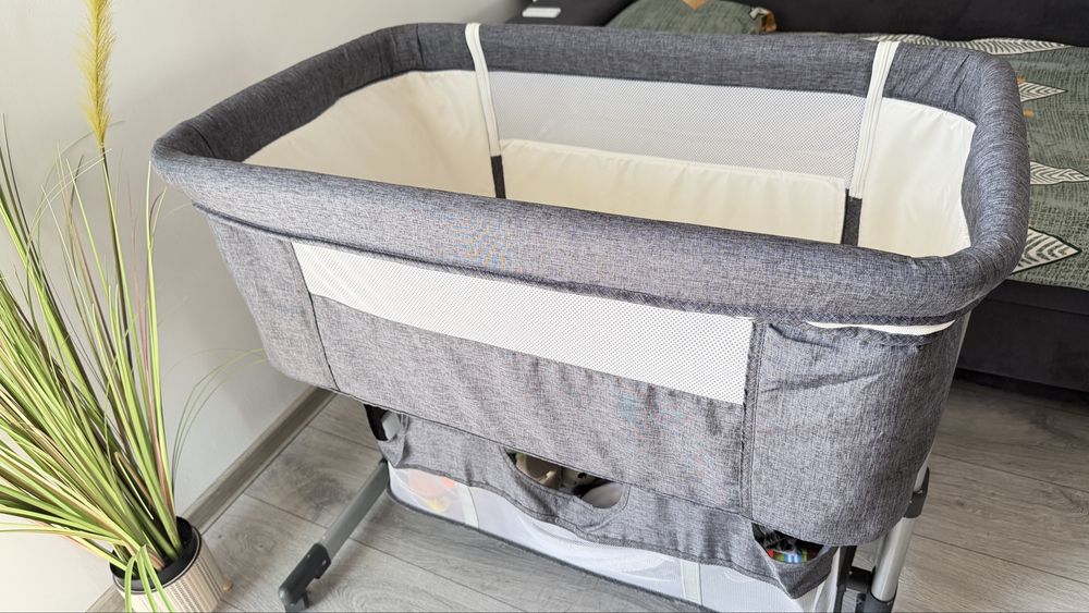 Pătuț Co-sleeper cu Saltea și Coș de Depozitare Gri