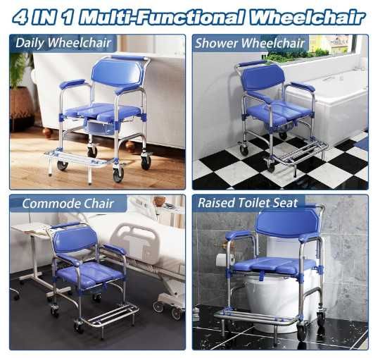 Инвалидна количка Bimiti, комбиниран стол за баня и тоалет с колела