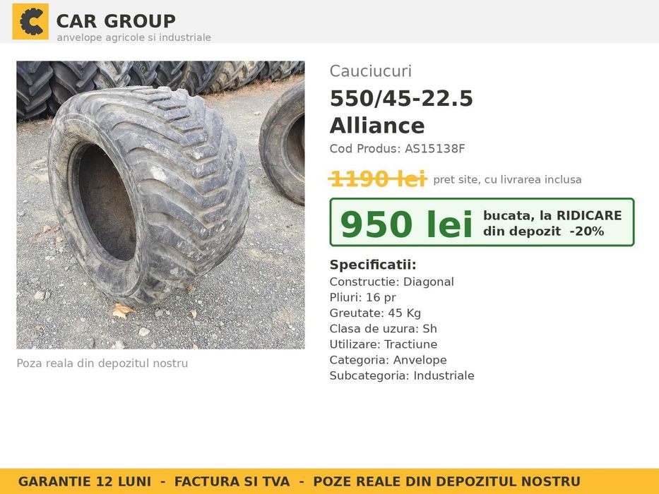 Anvelope Cauciucuri 550/45-22.5 550 45 22.5 55045225 550 45-22.5 Alliance Buldo Incarcator Utilaje Diagonal SH Second Hand GARANTIE Garantie 1 An