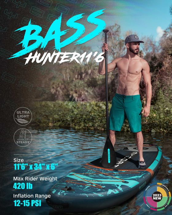 Нов, висок клас, широк 350 СМ надуваем падъл борд all-round SUP MYBOAT MY02 (Bass Hunter PRO) в тюркоазено-черен дизайн.