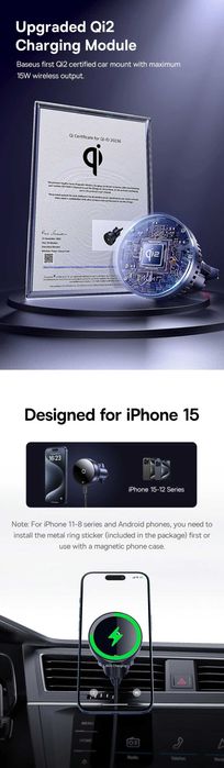 Baseus Qi2 MagPro Магнитный Авто Держатель MagSafe 15W For iPhone 15