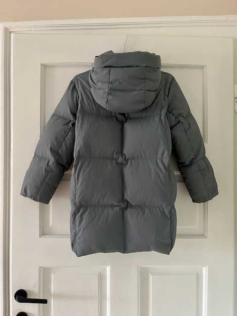 Дълго пухено яке Зара, синьо-сиво, естествен пух/пера, водоустойчиво