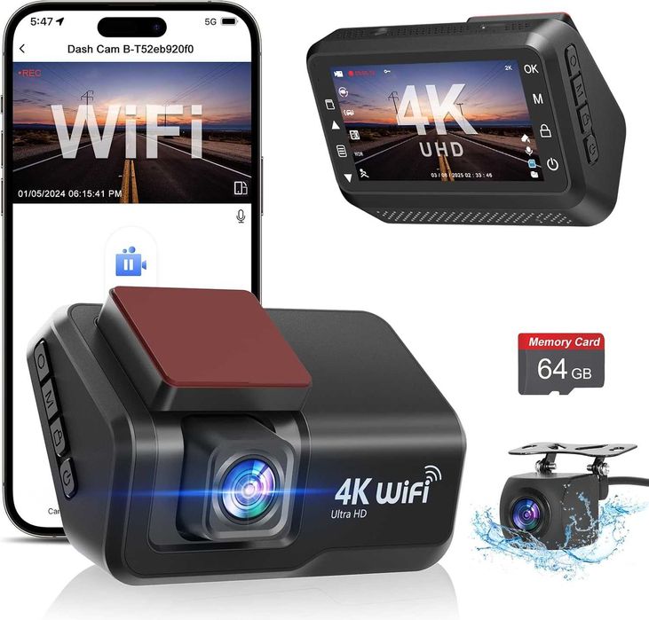 Otovoda Видеорегистратор за автомобили с предна и задна камера, 4K+1080P WiFi двойна видеокамера