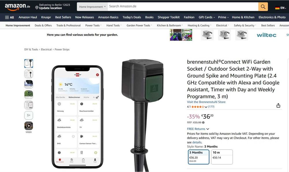 Prelungitor Brennenstuhl®Connect WiFi Garden Socket pentru exterior