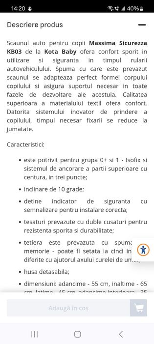 Scaun auto Kota baby 0-4ani pina la18kg