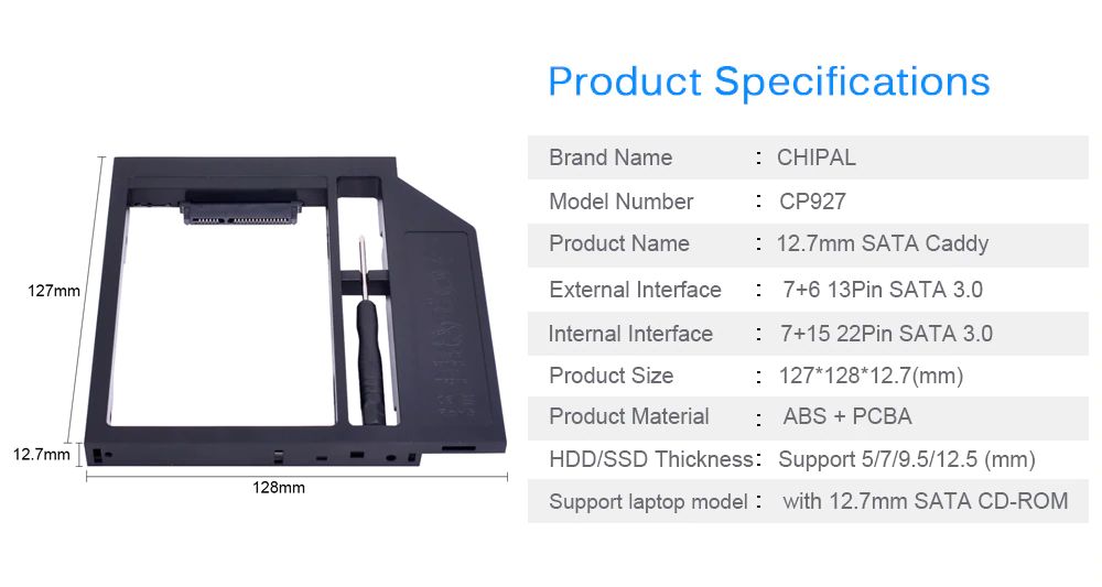 Adaptor HDD SSD la DVD CD Caddy laptop 12.7mm 9.5mm interf Sata-Sata