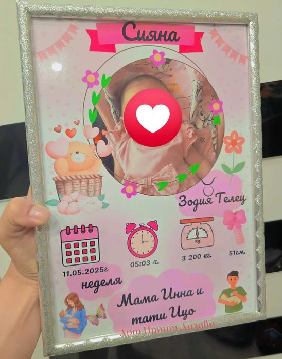 ~Бебешка Визитка с данни от раждането~ в Рамка~За момиче и момче ~