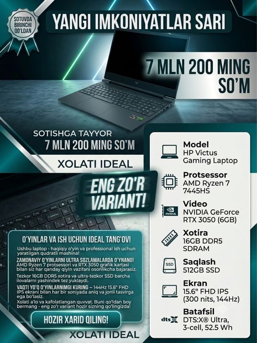 Hp victus gaming DDR5 songi avlod birinchi ozim olib ishlatganmann