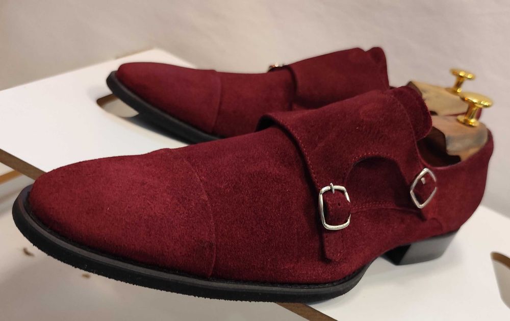 Pantofi double monk 42 42.5 de lux Lavoratione Artigianale NOI piele naturala suede rosu burgundy