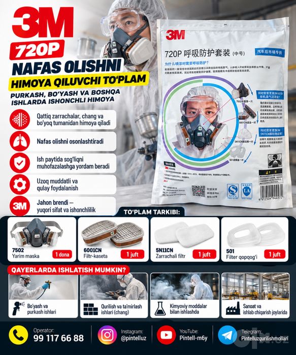 Bo‘yash va qurilish ishlarida ishonchli himoya — 3M 720P RESPIRATOR