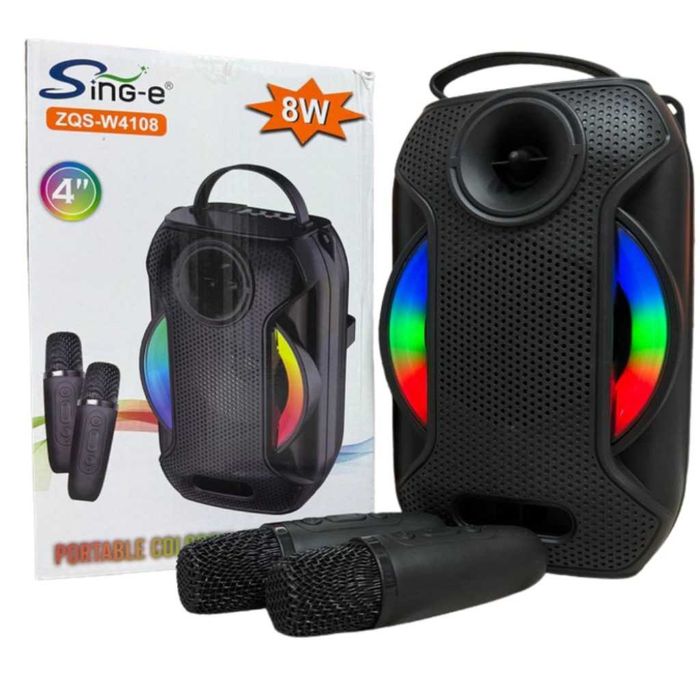 Преносима Bluetooth караоке колона ZQS-W4110 с 2 безжични микрофона, RGB светлини, FM радио, USB, TF и AUX
