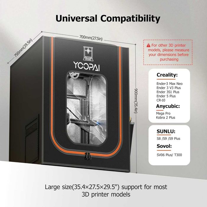 Carcasă Imprimantă 3D YOOPAI Enclosure 750x700x900mm Ignifugă pt Ender 5 Plus CR-10 S Pro Termostatată Slot LED Inclus Dustproof Fireproof Cover Mare