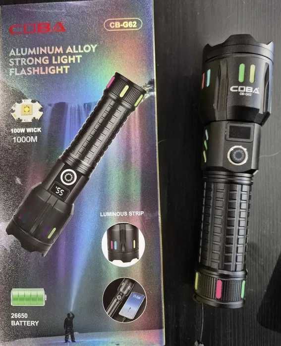 Мощен Алуминиев LED Фенер COBRA CB-G62 100W 1000m Осветяване, 9800mAh
