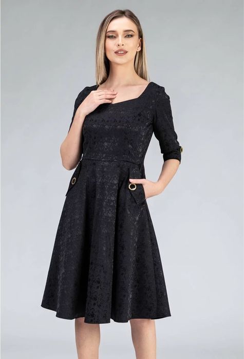 Rochie neagra cu buzunare si maneca trei sferturi, Vanda, nr 38