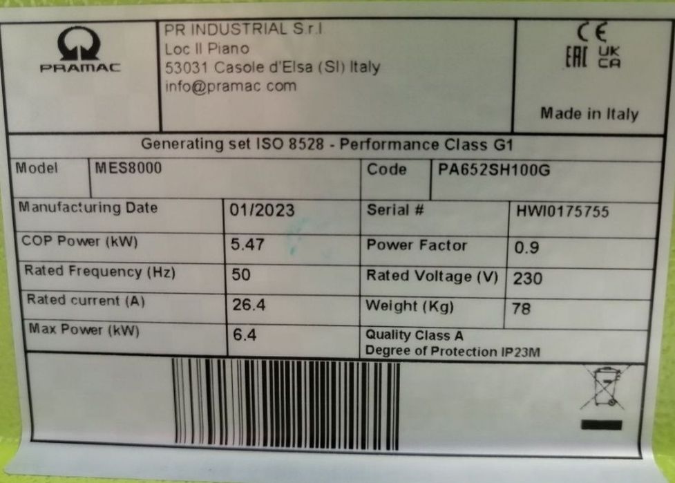 Generator curent pe benzina marca PRAMAC model MES8000 cu AVR