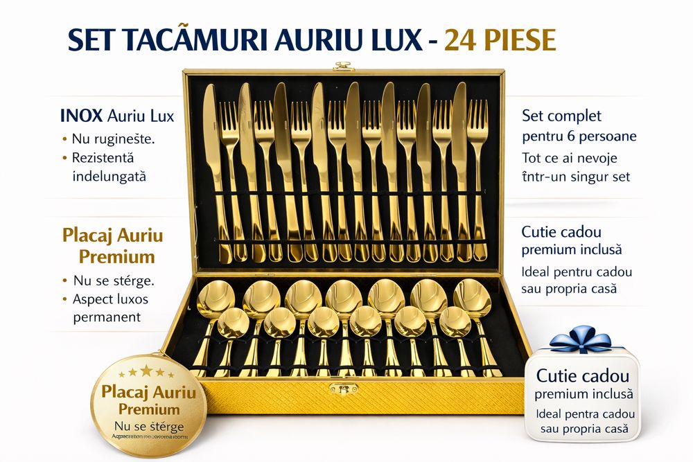 Set tacamuri aurii din inox premium, 24 piese, finisaj lucios, cutie cadou inclusa