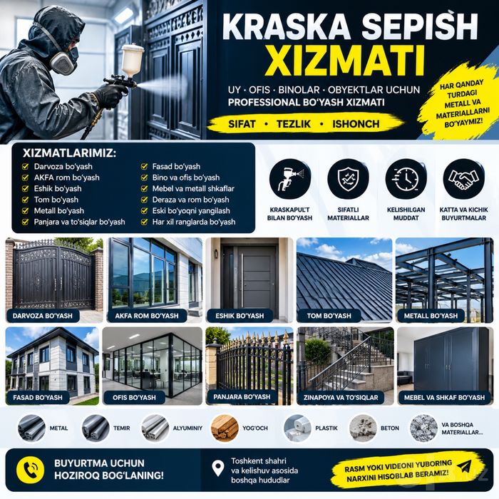 KRASKA SEPISH XIZMATI — darvoza, akfa rom, eshik, tom va metall boyash