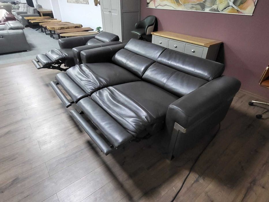 Сив кожен диван тройка и фотьойл Moreno с ел. релакс механизъм