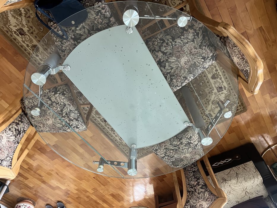 Masa de sticla rotunda noua, cu laterale demontabile si polita suplimentara interioara