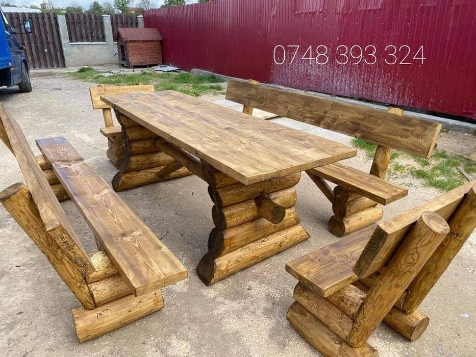 Masa cu bănci și scaune din bușteni rustic masiv