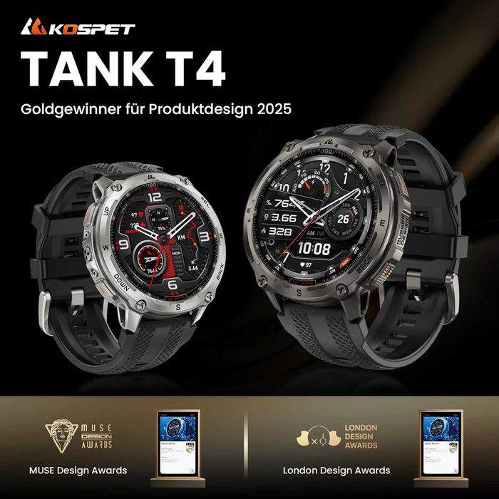 Ceas inteligent GPS KOSPET Tank T4 pentru bărbați, complet din oțel inoxidabil, hărți globale offline și sistem cu 6 sateliți, impermeabil până la 100