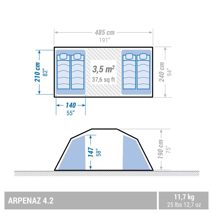 Sigilat Cort camping 4 Persoane 2 Camere structură cu bețe ARPENAZ 4.2