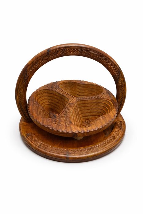 Ръчно резбована тикова фруктиера поднос Англия 1960-те