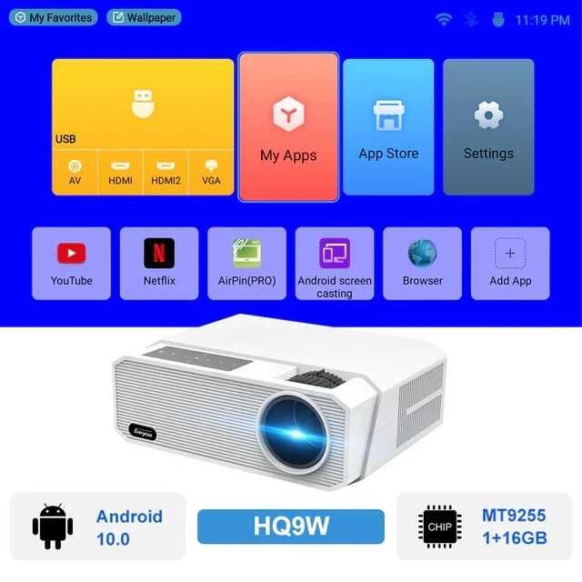 Proiector Everycom HQ9W LED, Full HD 1080p, Android Smart TV, Wi-Fi 5G, Bluetooth