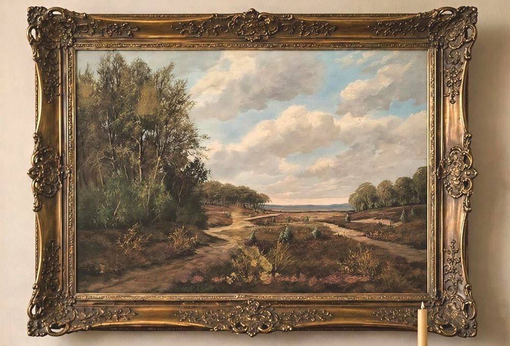 Ulei pe pânză o lucrare veche în cutit semnată .Pictură peisagistică în ulei pe pânză, similară cu stilul școlii englezești din secolul al XIX-lea.
Ra