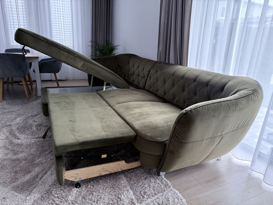 Canapea catifea verde, extensibila + lada depozitare