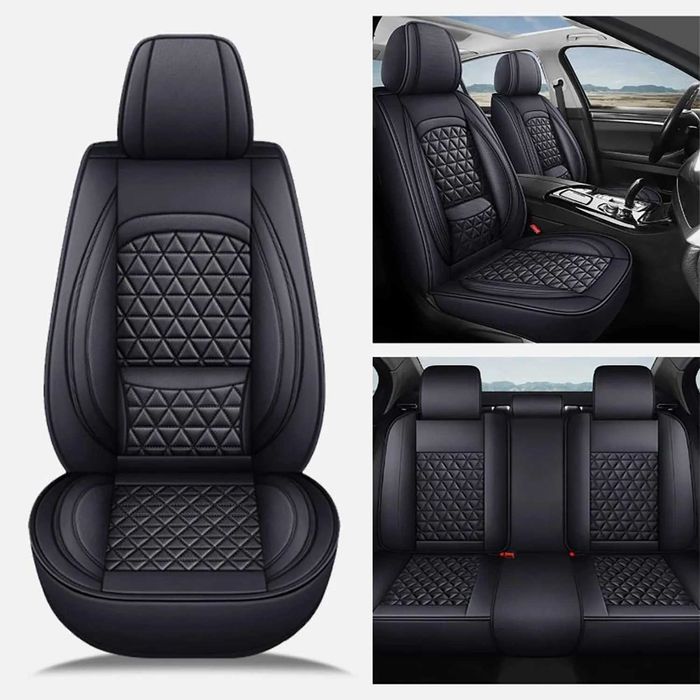 Луксозна универсална кожена тапицерия с лумбална опора за предни и задни седалки, черна