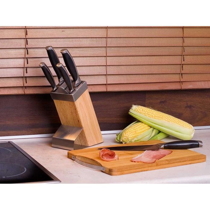 Set cutite Inox, 6 piese, suport patrat din lemn, maner ABS gri cu