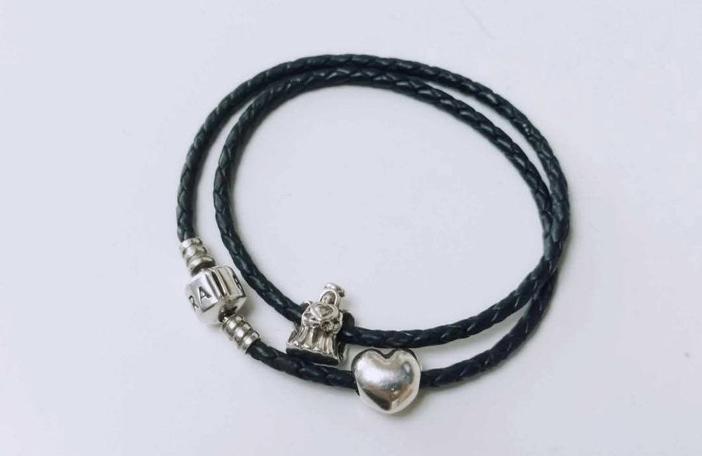 Bratara dubla Pandora originala, doua charmuri de argint 925 ALE, inima si inger