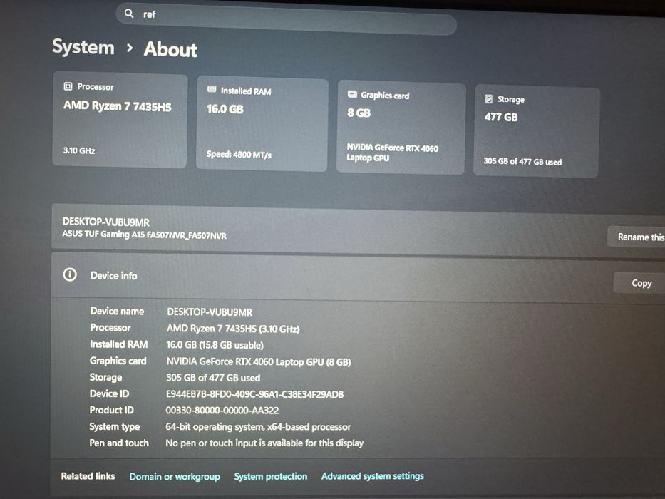Laptop Asus TUF FA507NVR Ryzen 7 7435HS, RTX 4060, 16gb DDR5, 512gb SSD, 144hz