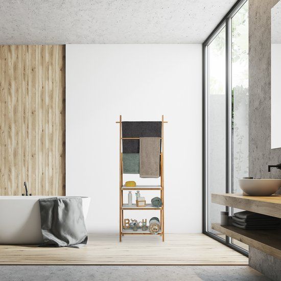 Свободностояща бамбукова закачалка за кърпи с рафтове 150 x 50 x 30 см