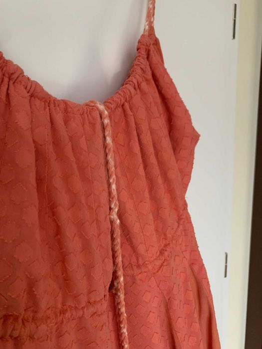 Free People Boho Maxi Dress S Coral V Neck Tie Back Textured Gathered Used