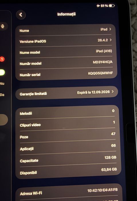 Vând iPad (A16) 128 GB Wi-Fi, Silver, stare excelentă