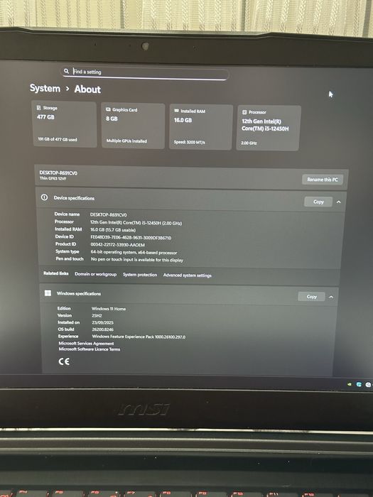 Laptop Gaming MSI Thin GF63 12VF | RTX 4060 8GB | i5-12450H | 16GB RAM | SSD 512GB