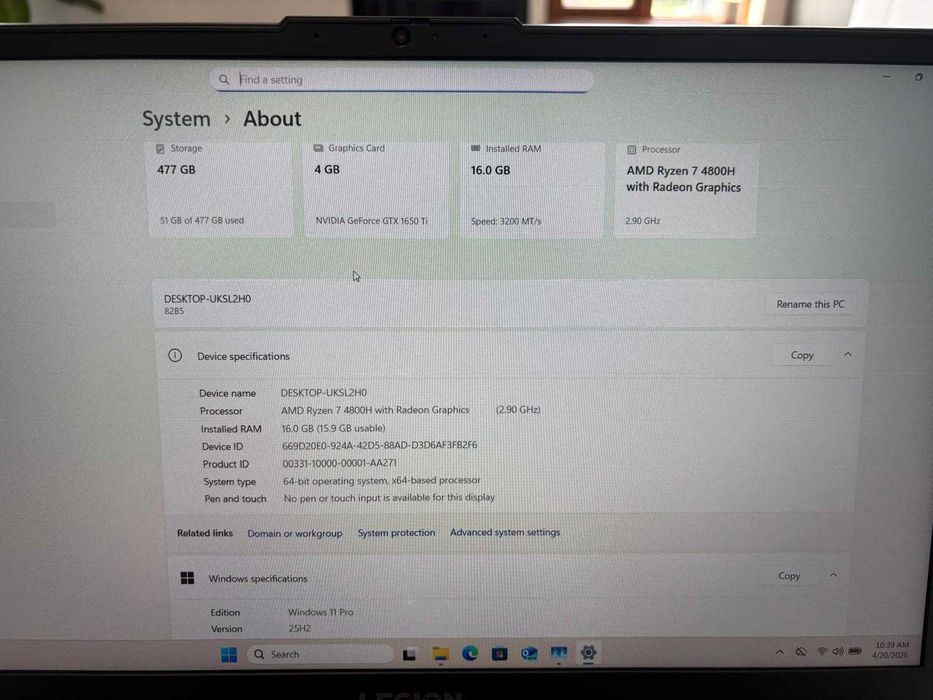 Laptop Gaming Lenovo Legion 15ARH05 – Ryzen 7, GTX 1650Ti, 16GB RAM