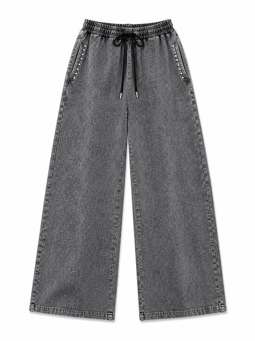 Дамски комлект от две части в сив denim - crop тениска и широк панталон с декоративни капси