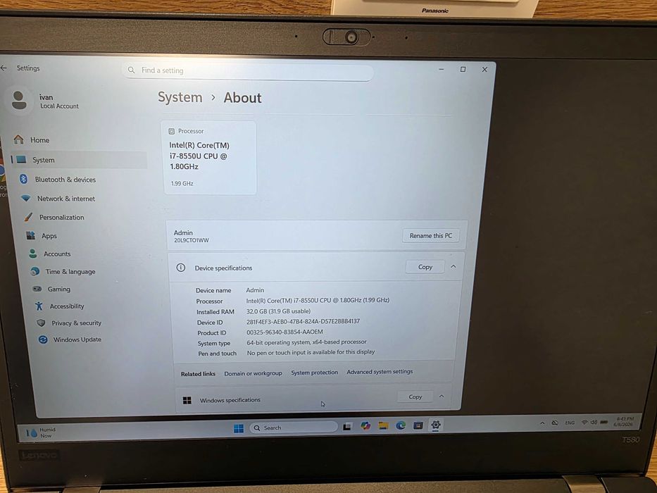 ThinkPad T580 Intel I7 32GB