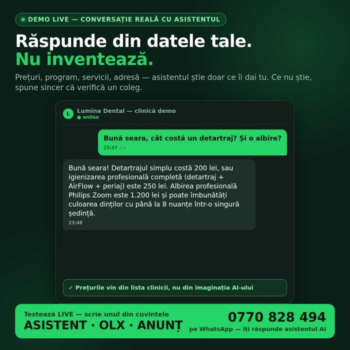 Asistent AI WhatsApp automatizari pentru afacerea ta răspunde și programează automat clienții. Testează LIVE pe numărul meu scrie asistent, OLX, anunț